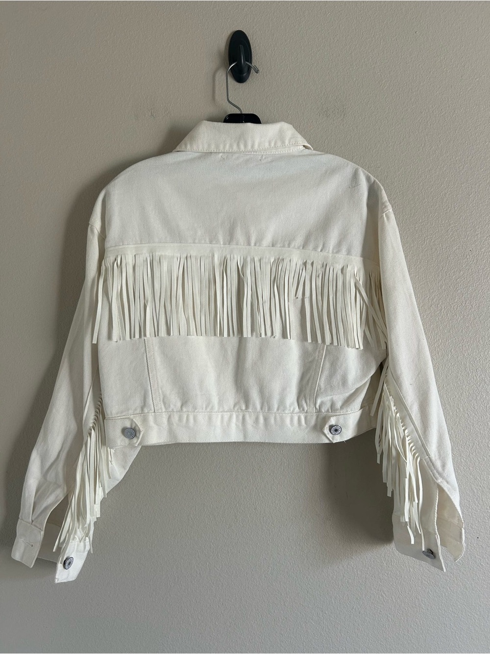 Women's White Fringe Cropped Denim Jacket XS